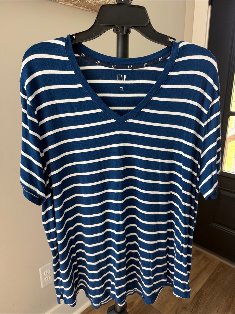 GAP Blue and White Striped V-Neck Tee